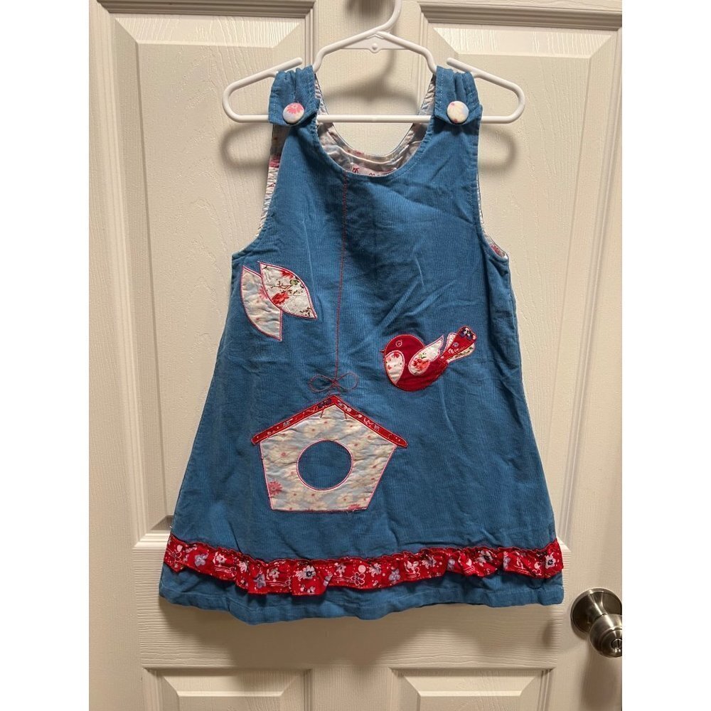 NEW Powell Craft | Blue Corduroy Dress Birdhouse Birds Sz 2-3Y